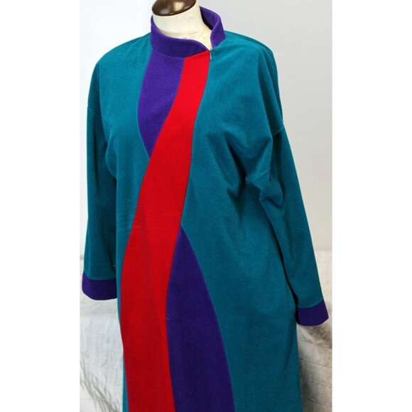 VTG 80s Vanity Fair Teal Fleece Housecoat Robe Women M Zip Long Sleeves Pockets - Picture 2 of 9